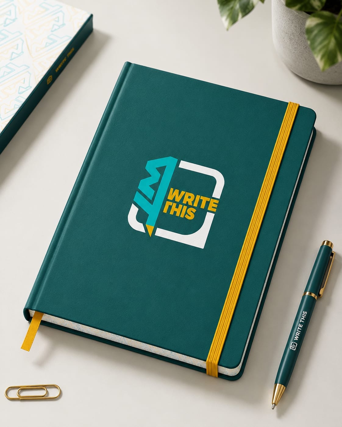 A teal Write This notebook with a gold elastic, a branded pen beside it