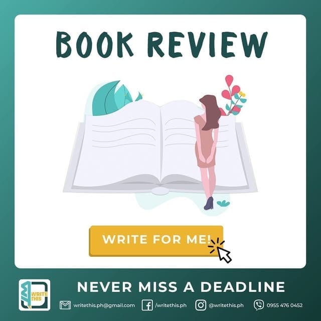 Book Review post — a figure standing on an open book, write for me, never miss a deadline
