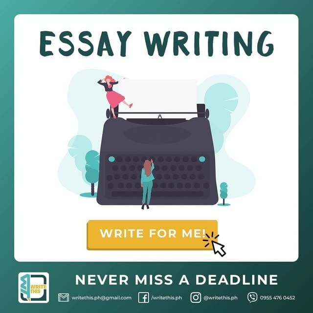 Essay Writing post — a figure at a giant typewriter, write for me, never miss a deadline