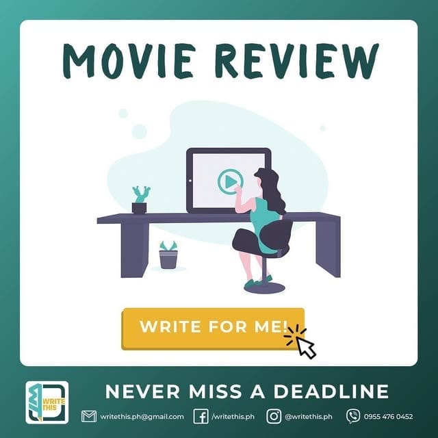 Movie Review post — a figure at a desk watching a tablet, write for me, never miss a deadline
