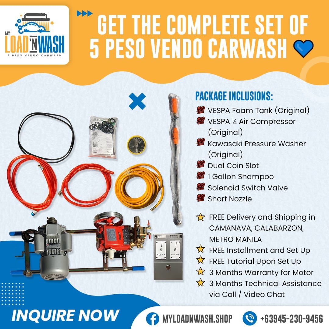 Ad — the complete 5-peso vendo carwash set, listing everything the package includes