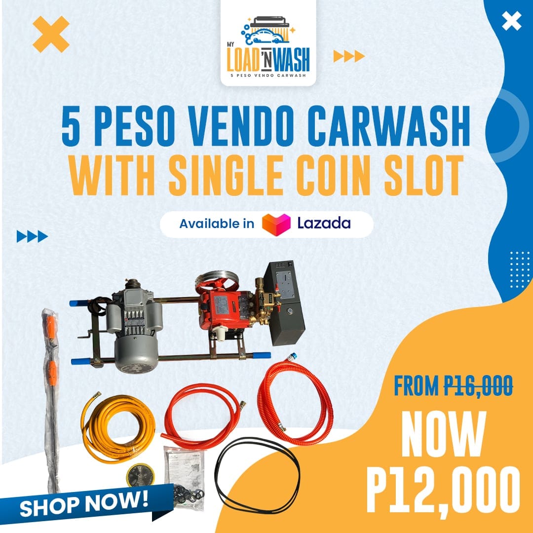 Product post — the 5-peso vendo carwash with a single coin slot, ₱16,000 down to ₱12,000, available on Lazada