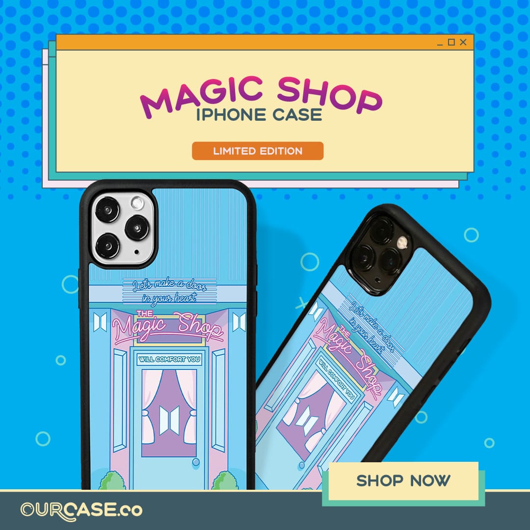 Magic Shop iPhone case post, limited edition, two cases on a blue halftone background