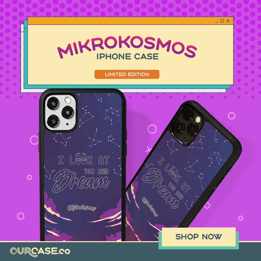 Mikrokosmos iPhone case post, limited edition, two cases on a purple halftone background