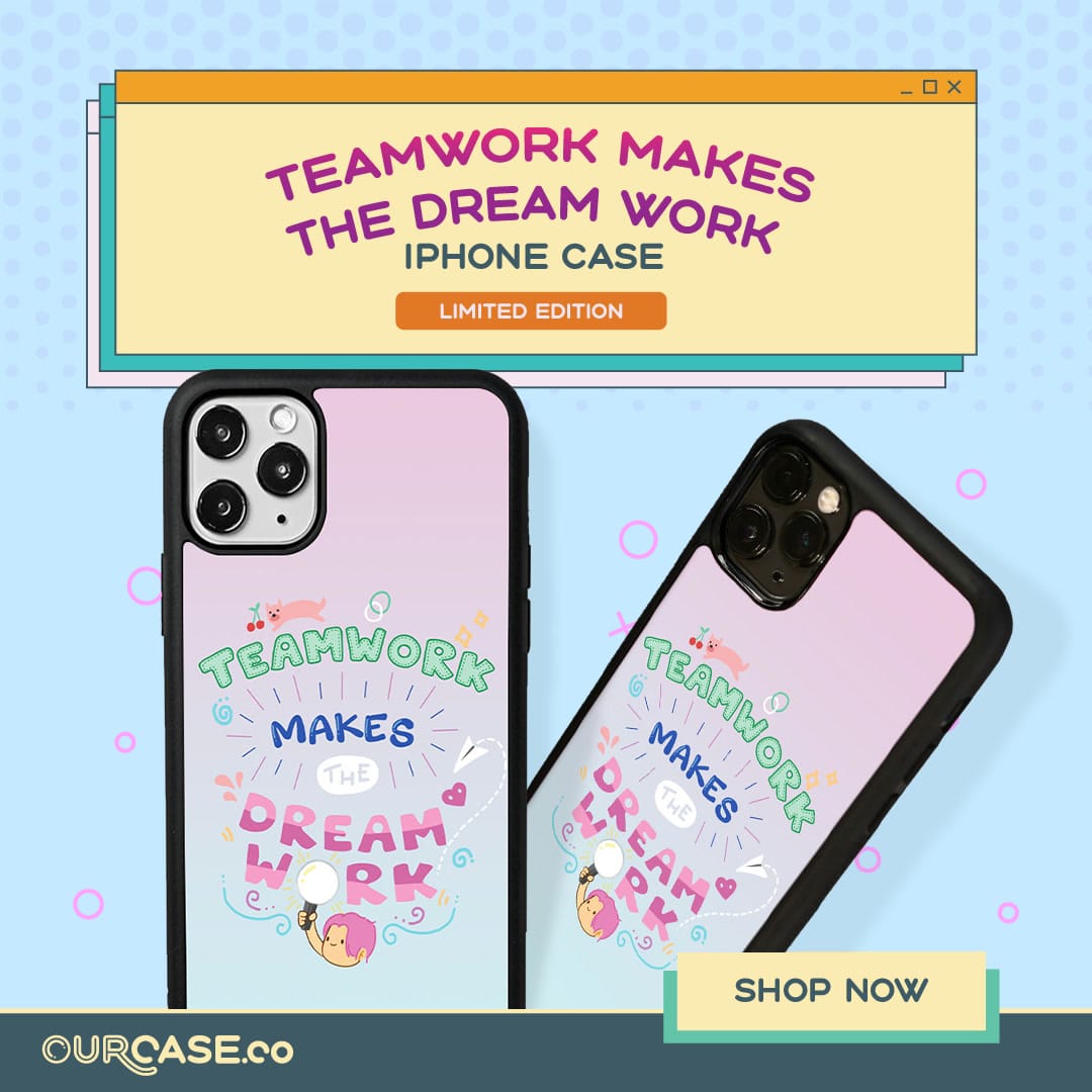 Teamwork Makes The Dream Work iPhone case post, limited edition, two cases on a pale blue background