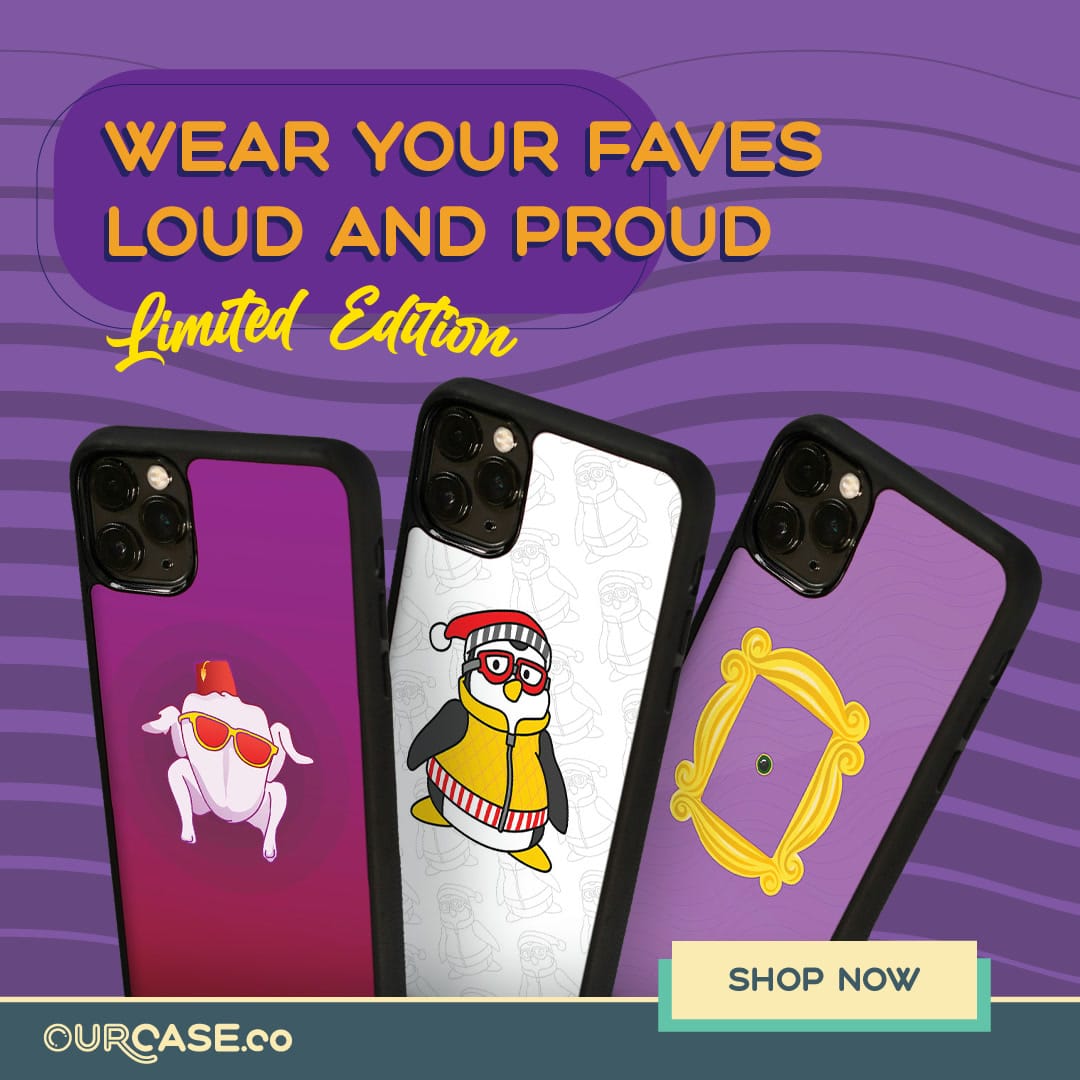 Friends collection campaign post on purple — wear your faves loud and proud, limited edition — showing the turkey, penguin and Central Perk frame cases