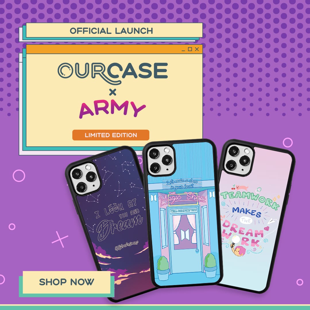 Our Case × ARMY limited-edition launch post, three cases on a purple halftone background
