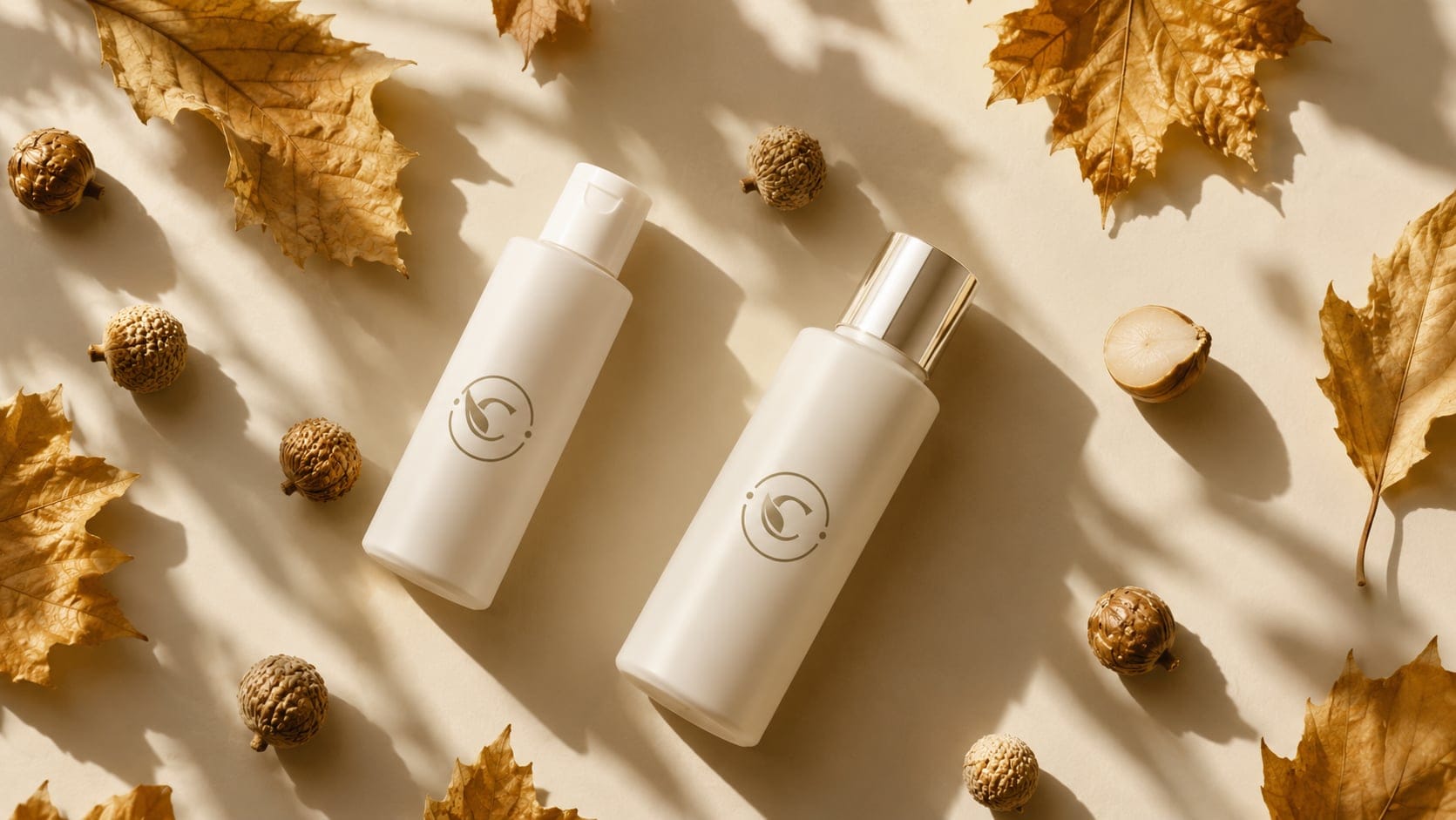 Two Carisle Naturale bottles on a tan ground scattered with dried leaves and acorns