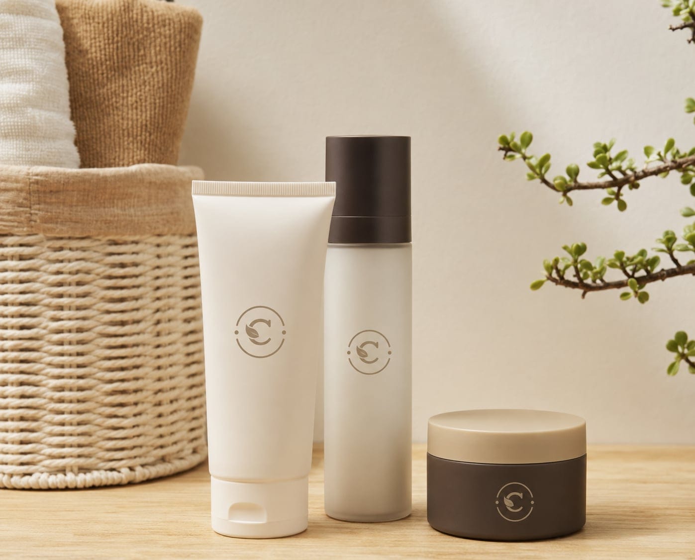 A Carisle Naturale tube, pump bottle and jar beside a woven basket