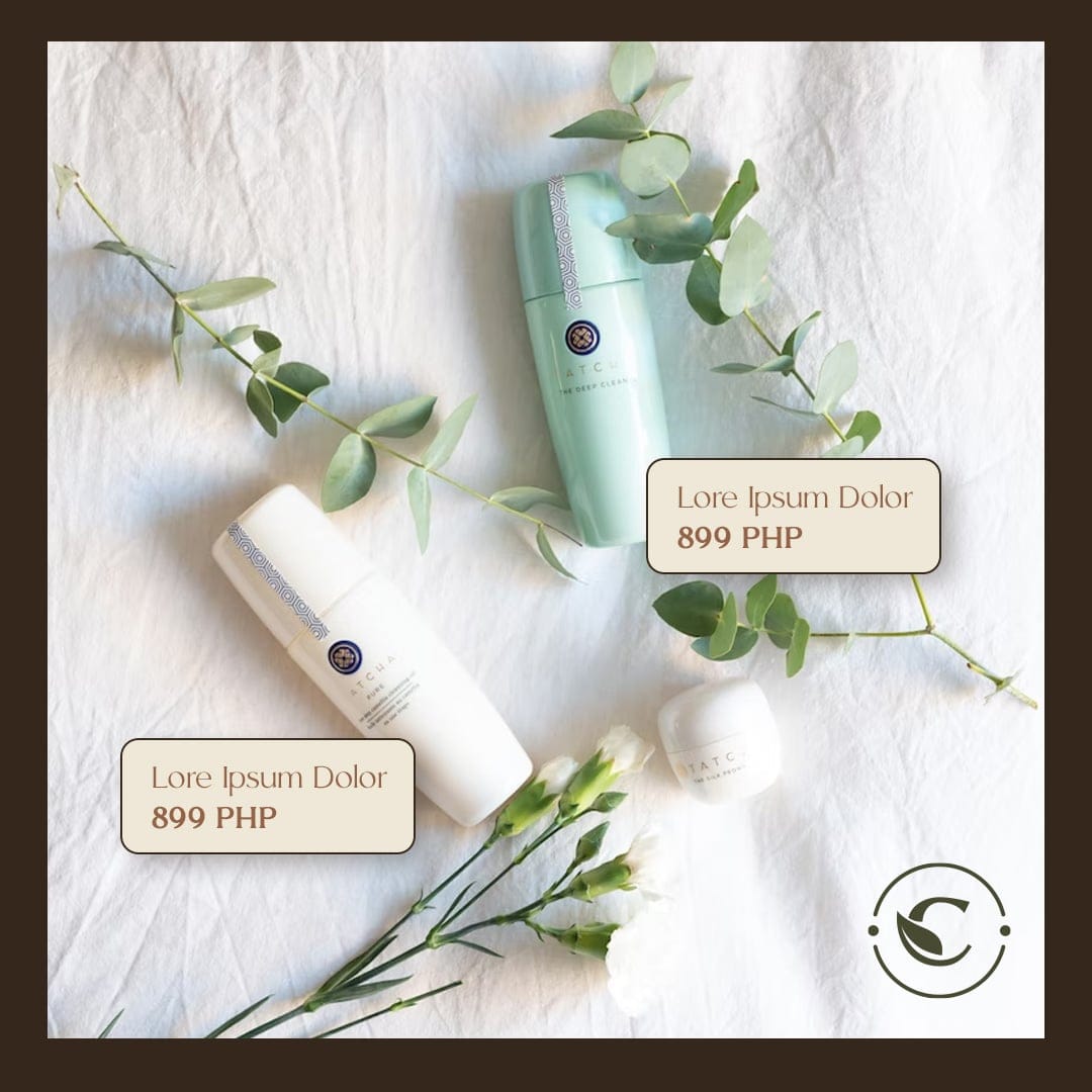 Product post — two Carisle Naturale bottles on white linen with eucalyptus and price labels