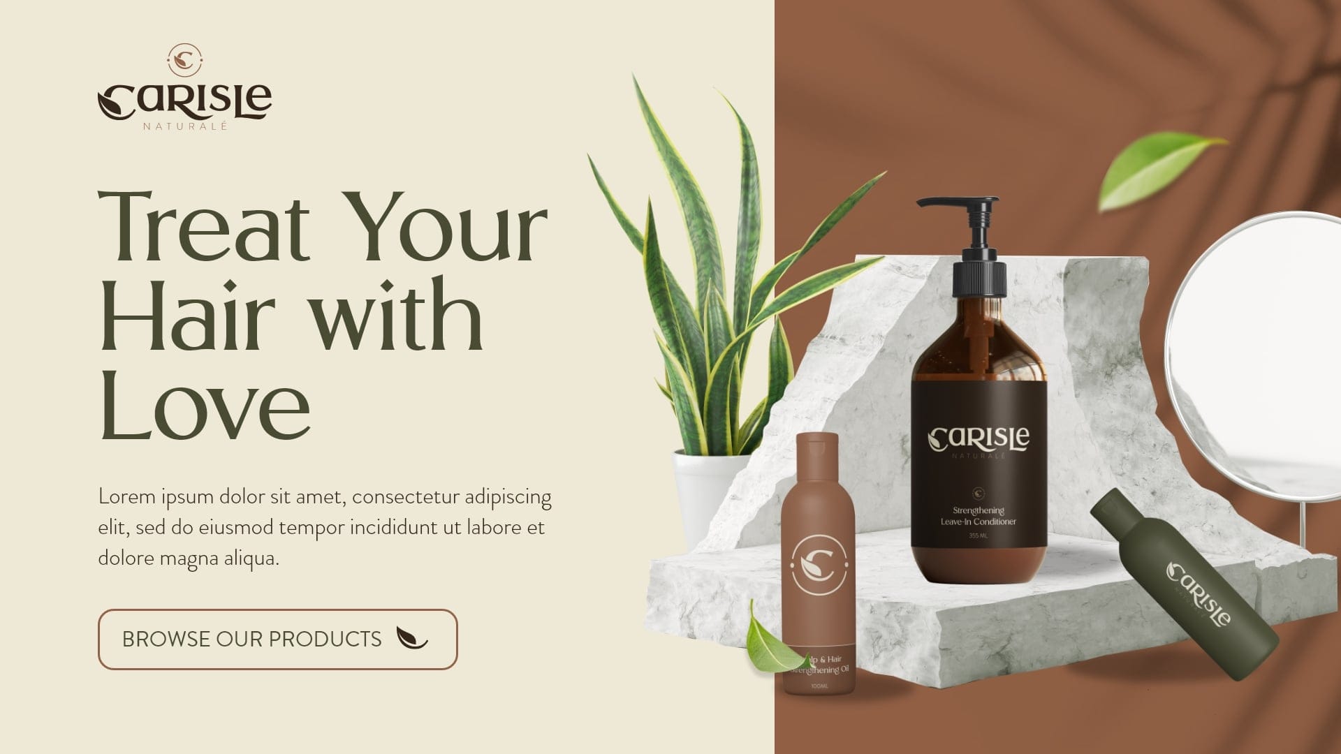 Treat Your Hair with Love web banner — a pump bottle on marble between plants