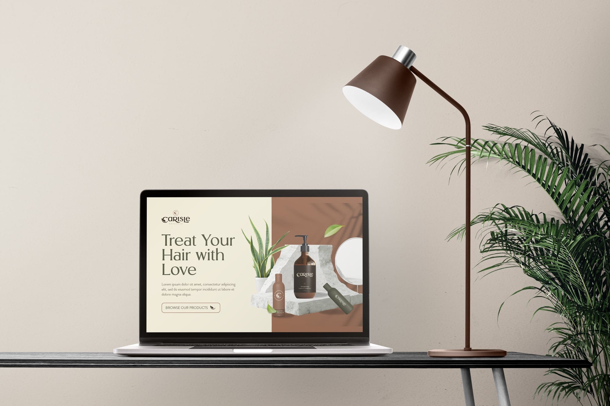 The Carisle Naturale store open on a laptop, beside a desk lamp and a palm