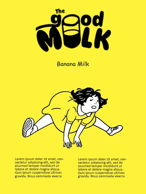 Banana Milk character board — a line-drawn figure crouched at a sprinter's start, on yellow