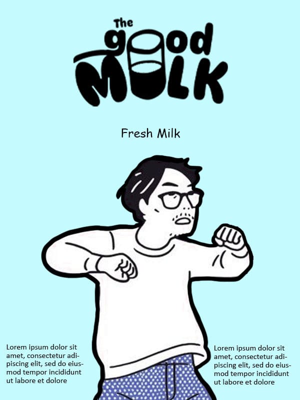 Fresh Milk character board — a line-drawn figure flexing, on pale blue
