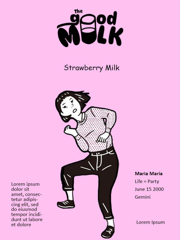 Strawberry Milk character board — a line-drawn figure in a spotted shirt beside her profile copy