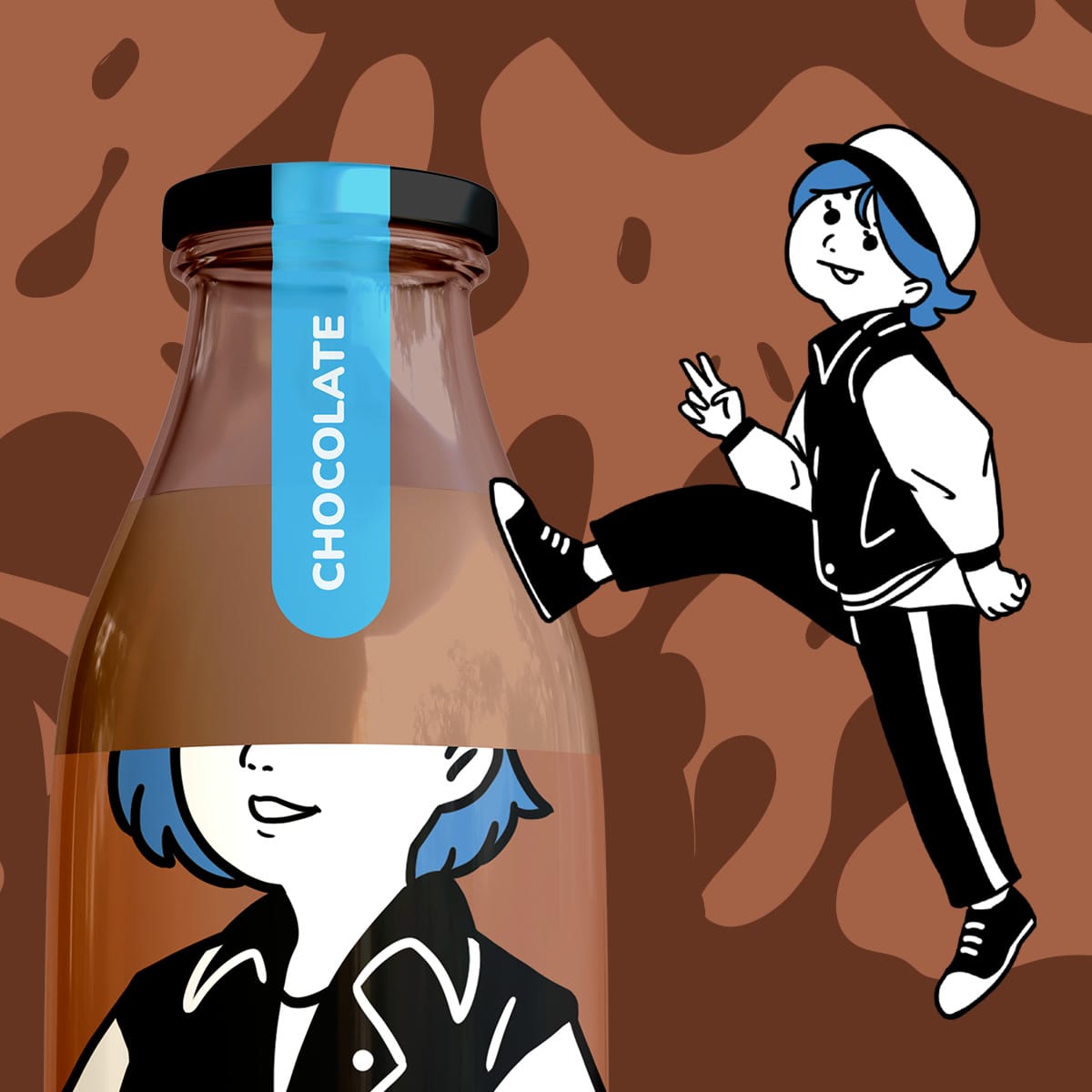 Chocolate bottle beside its character, on brown