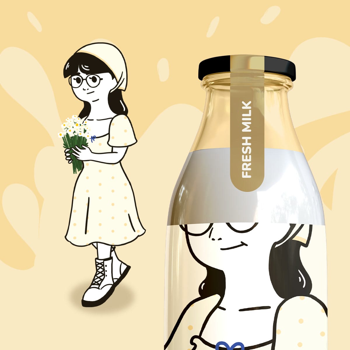 Fresh Milk bottle beside its character, on cream