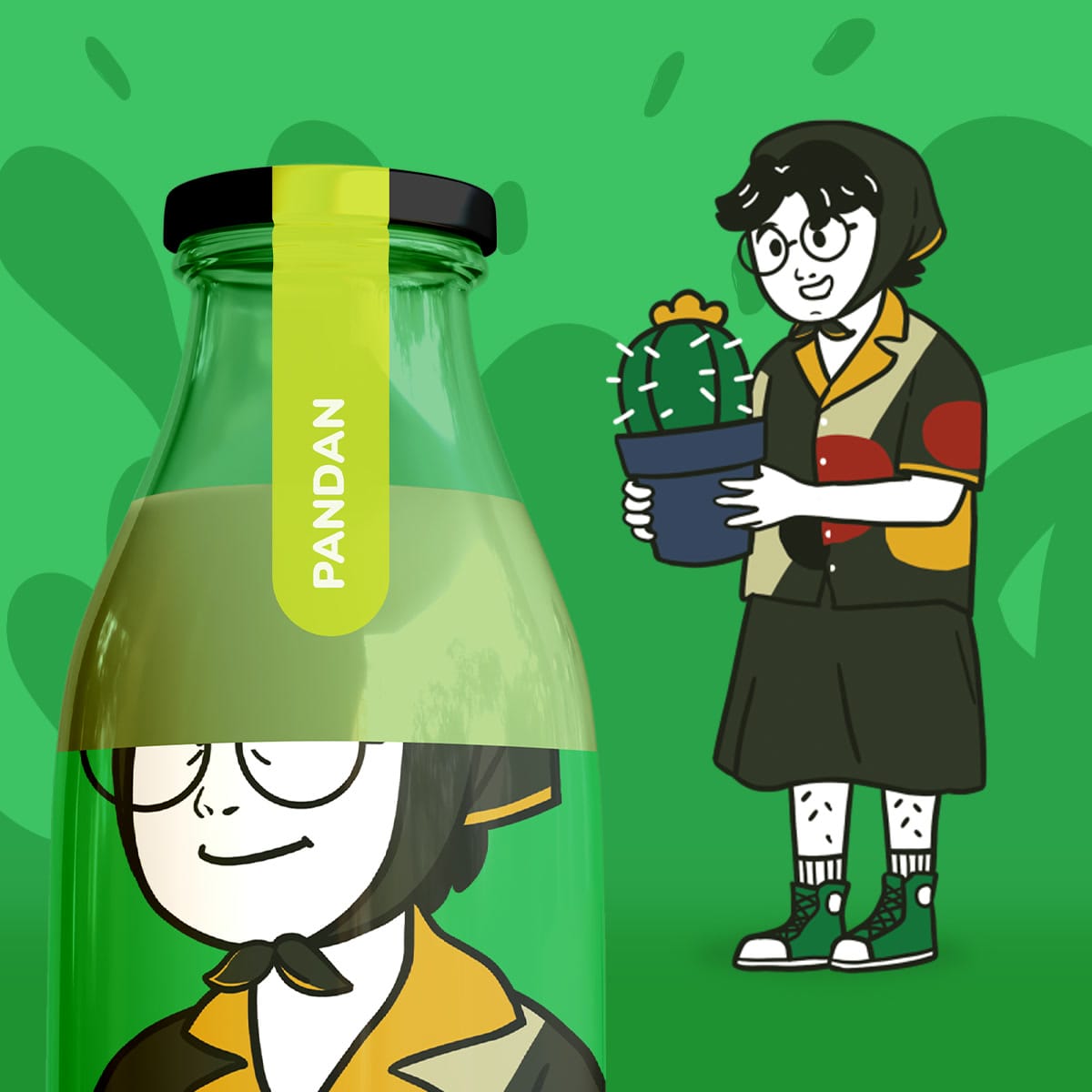 Pandan bottle beside its character holding a cactus, on green