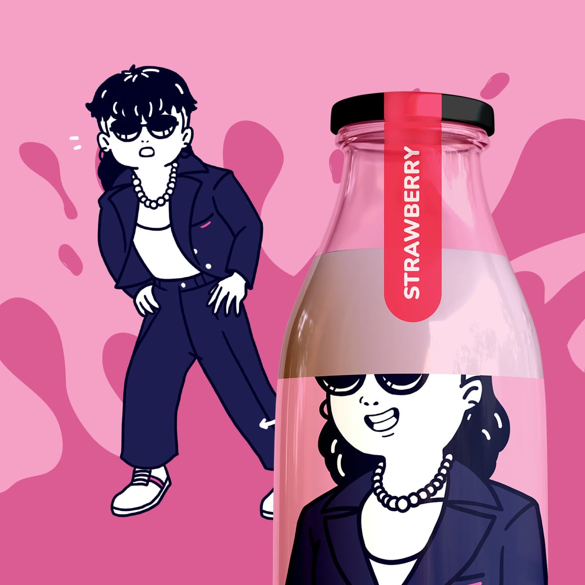 Strawberry bottle beside its character, on pink