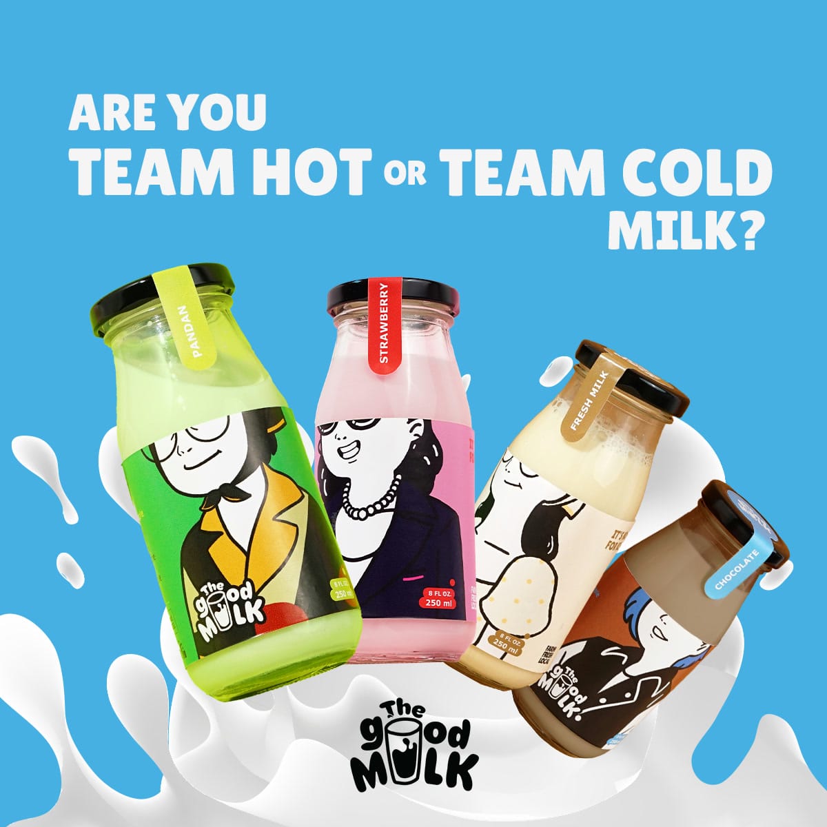 Post — are you team hot or team cold milk, five bottles in a splash on blue