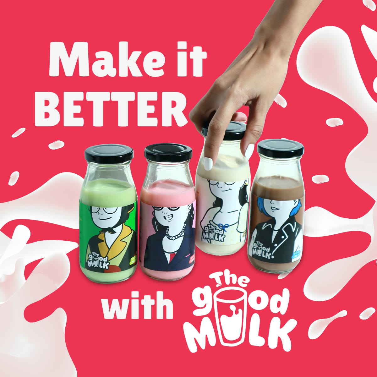 Post — make it better with The Good Milk, four bottles in a splash of milk on red