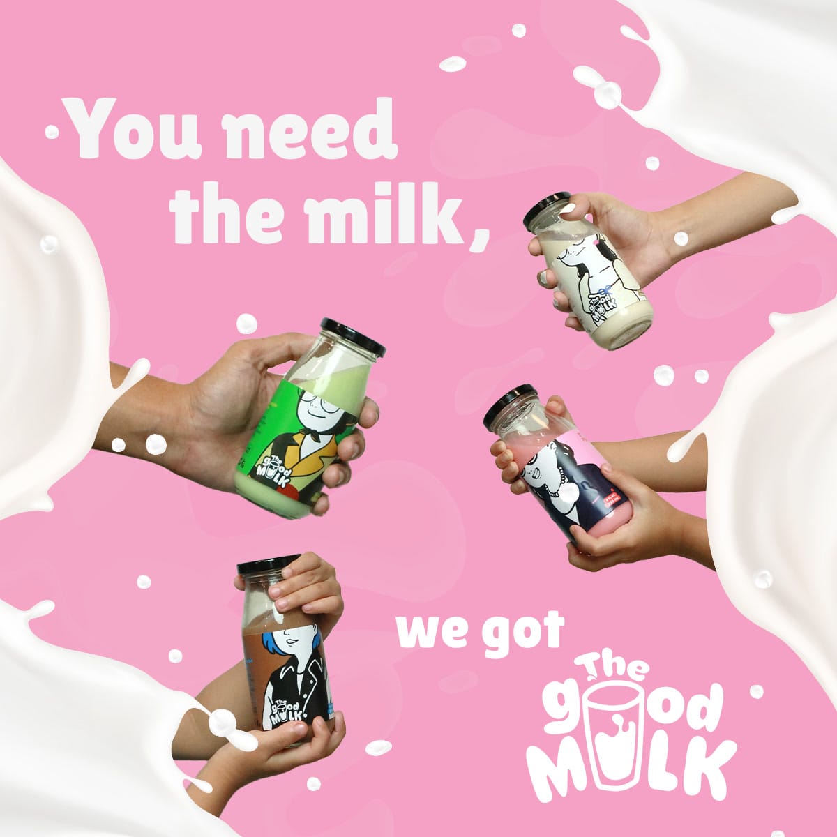 Post — you need the milk, we got The Good Milk, hands holding four bottles on pink