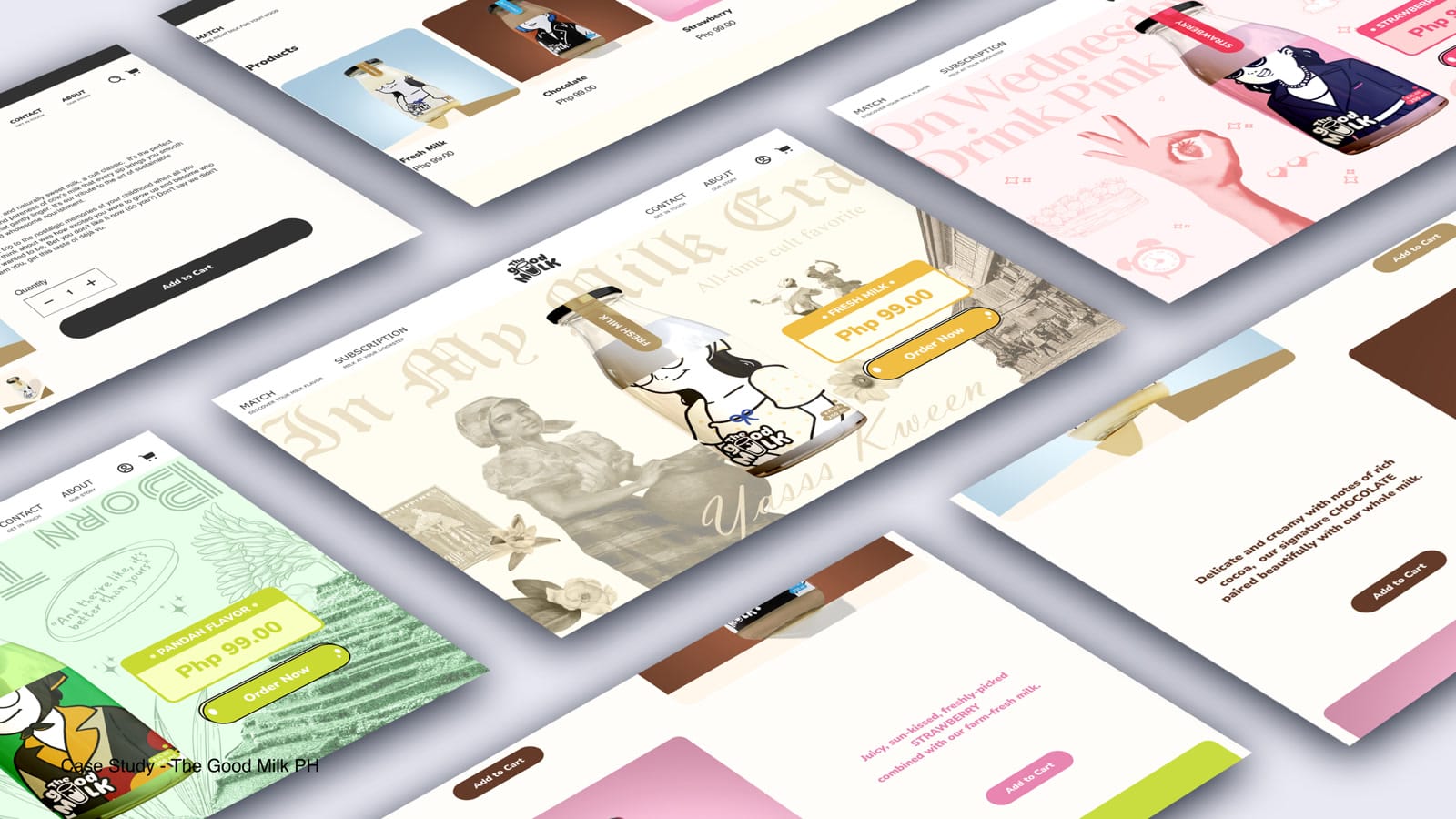 A set of The Good Milk website screens laid out at an angle