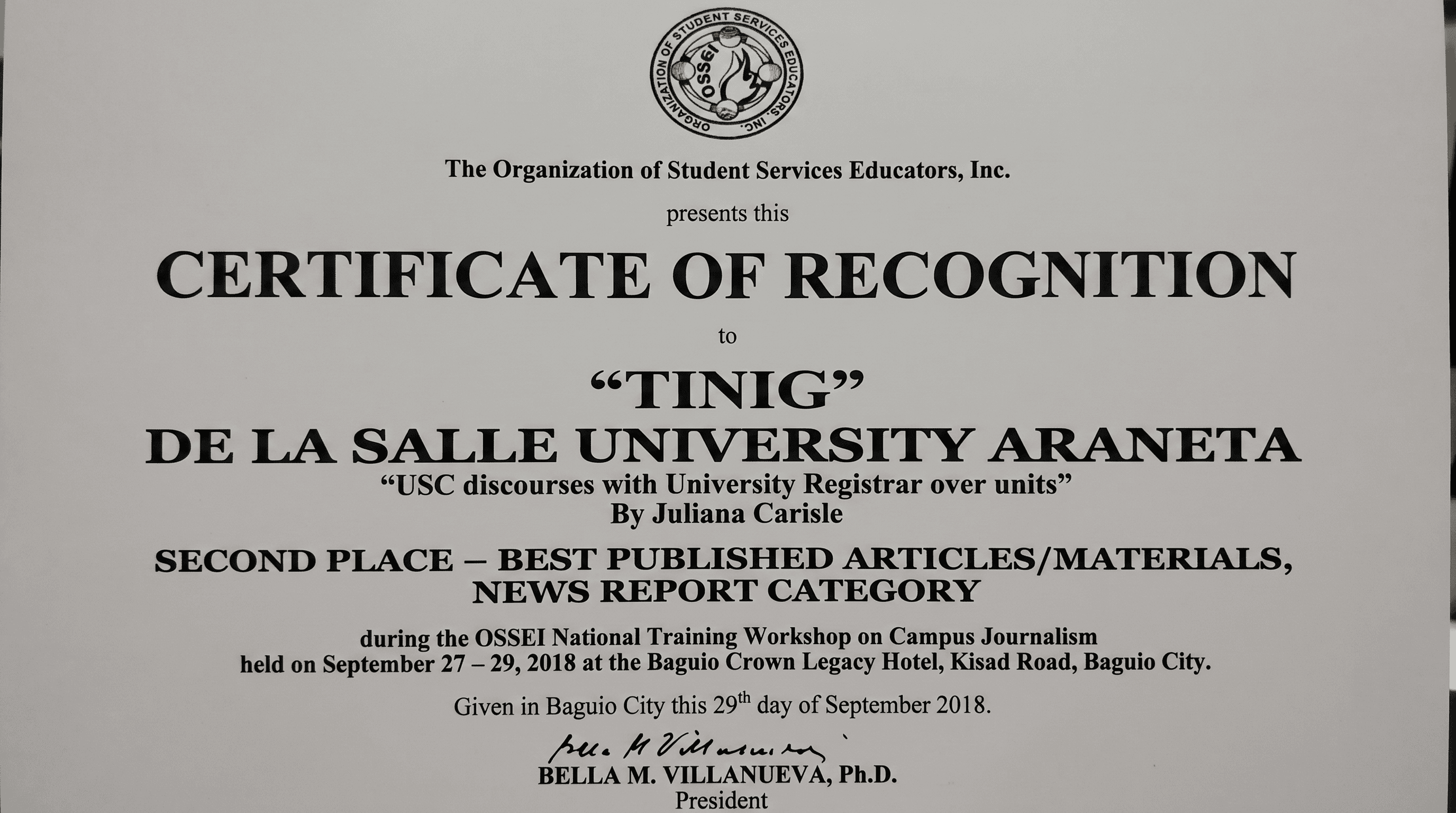 OSSEI certificate of recognition — second place, news report category