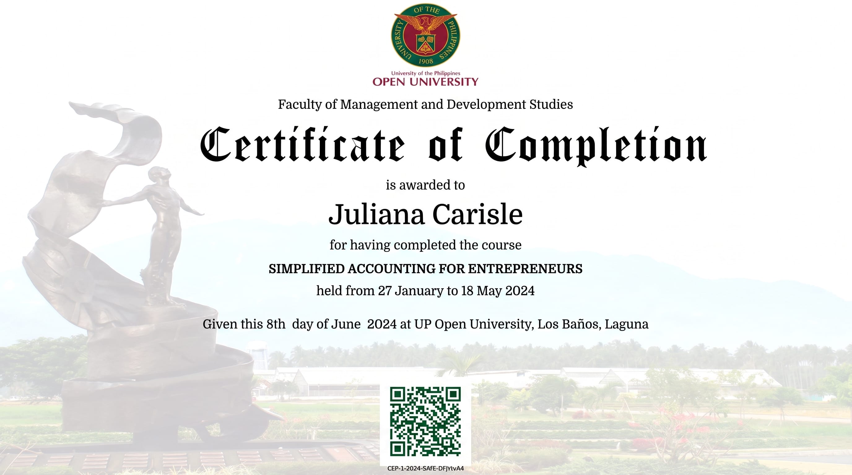UP Open University certificate of completion for Simplified Accounting for Entrepreneurs