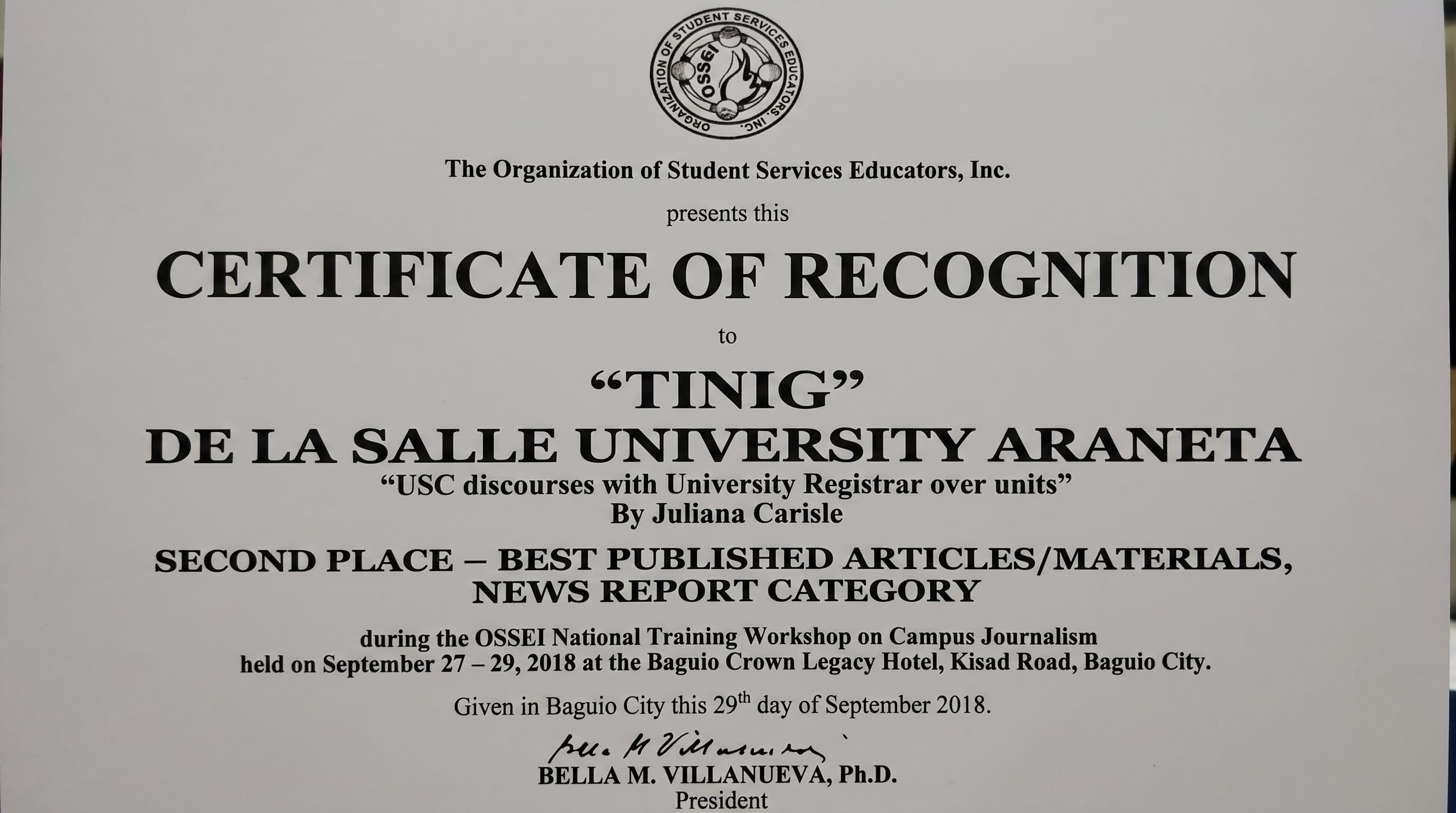 OSSEI certificate of recognition — second place, news report category