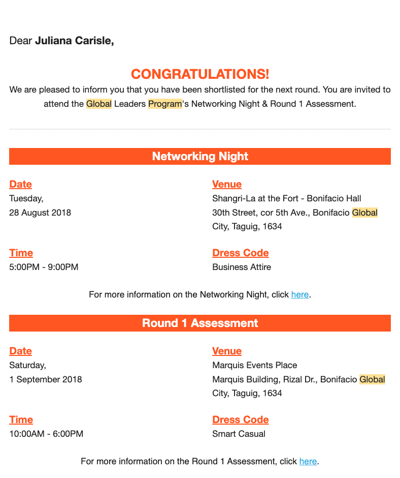 Shopee Global Leaders Program shortlist invitation to the Networking Night and Round 1 Assessment